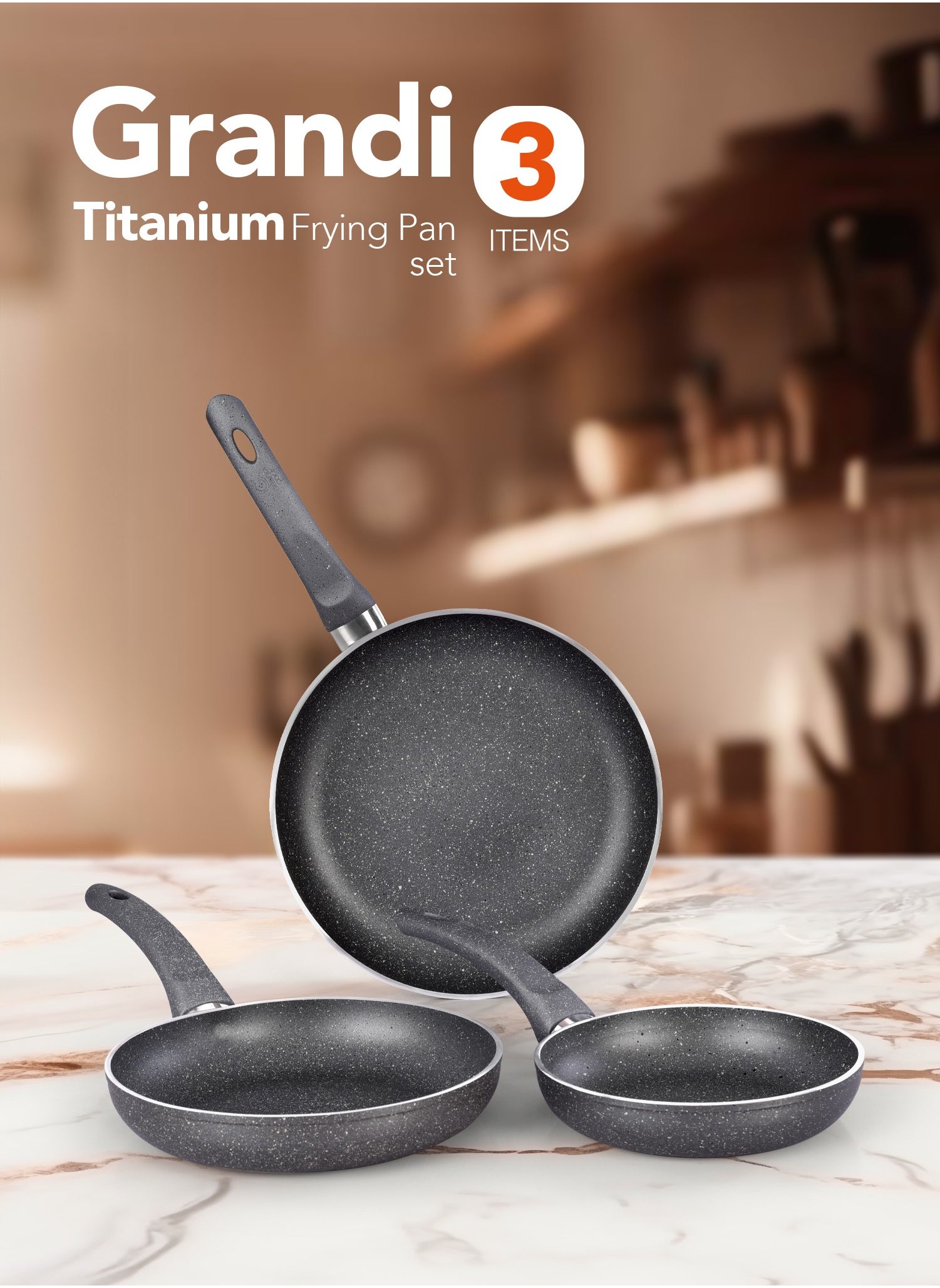 Grandi 3-Piece Non-Stick Titanium High thickness Frying Pan Set Grey  Big Frying Pan (26), Medium Frying Pan (22), Small Frying Pan (18)cm 