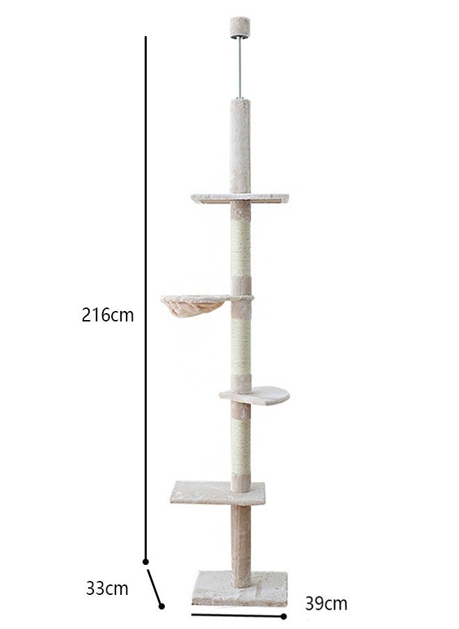 Yolu - 5-Tier Floor to Ceiling Cat Tree, Natural Sisal Rope Scratching Post Cat Tower Height Adjustable - Image 1