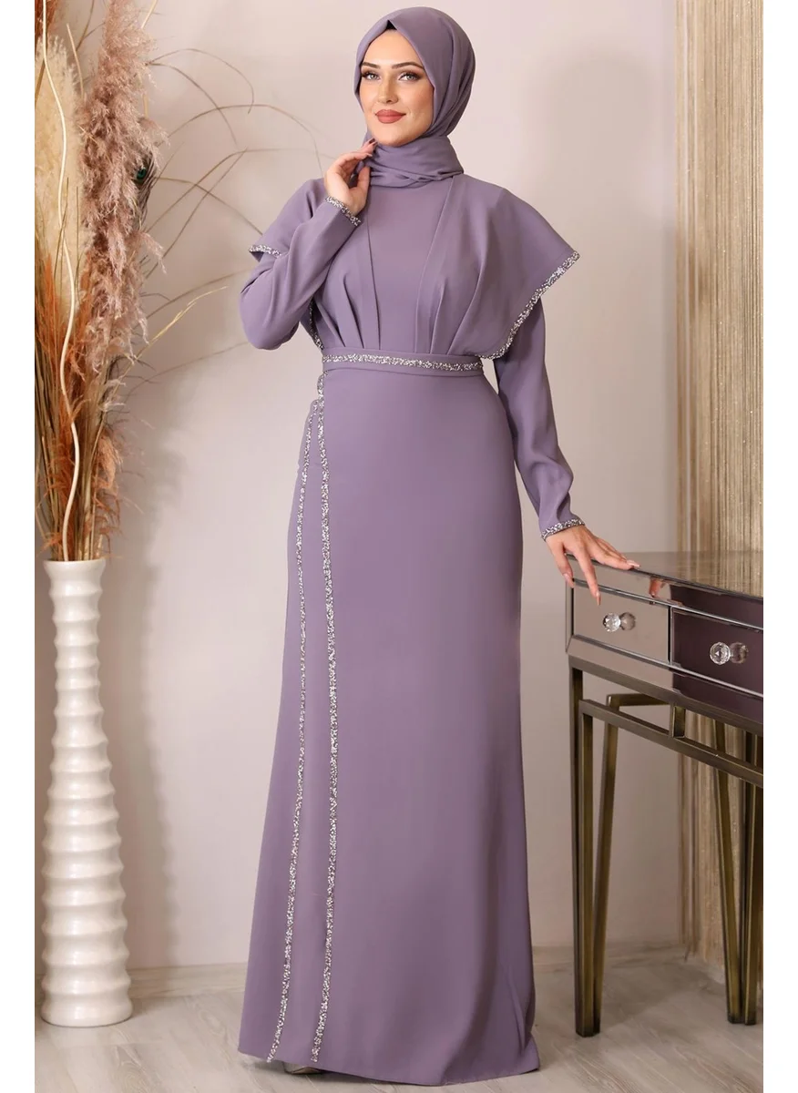 Esilanur Fairy Front Stone Draped Hijab Evening Dress Lilac