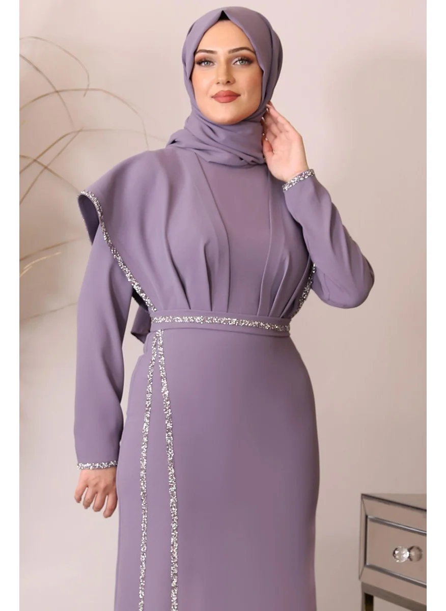 Esilanur Fairy Front Stone Draped Hijab Evening Dress Lilac