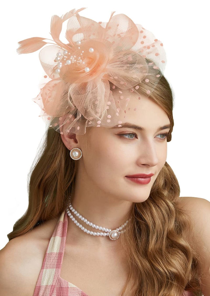 Cizoe Fascinators Hat for Women Tea Party Headband Kentucky Derby Wedding Flower Cocktail Mesh Feathers Hair Clip(1-Champagne) - Image 1