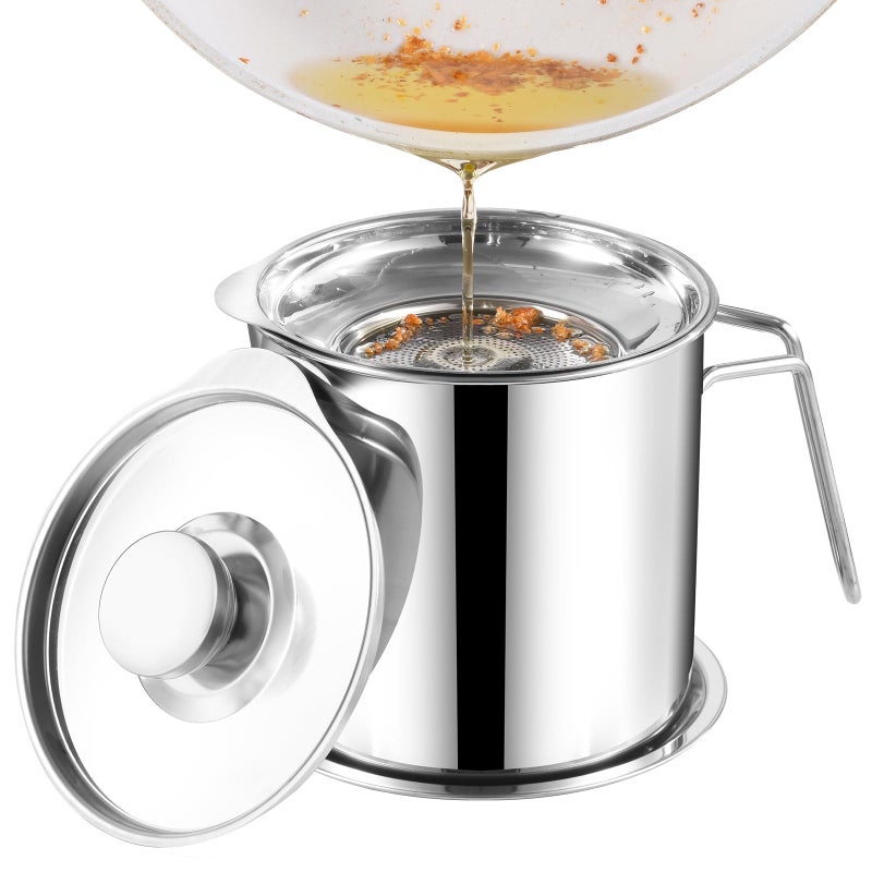 DIY HOME Grease container，304 Stainless Steel Bacon Grease Container With Strainer (1.8L/60.87fl oz) - Image 1