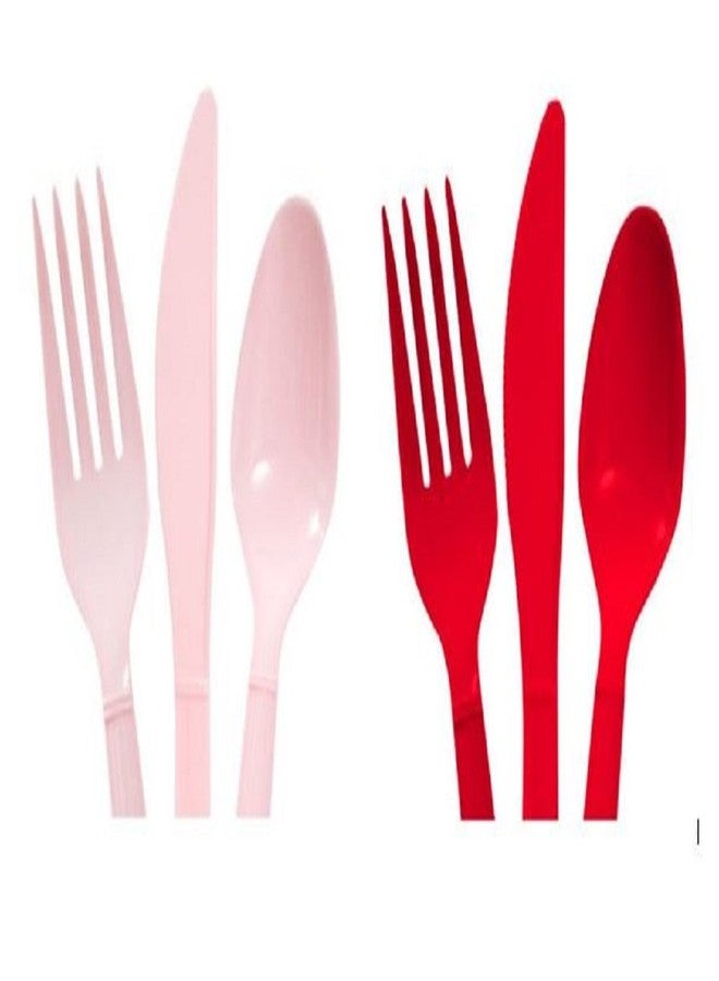 Party Red & Pink Heavy Duty Plastic Cutlery Sets - 16 Spoons, 16 Forks, 16 Knives - 2 packs of 48 each 96 pcs total - One Pink & One Red Pack - Image 1