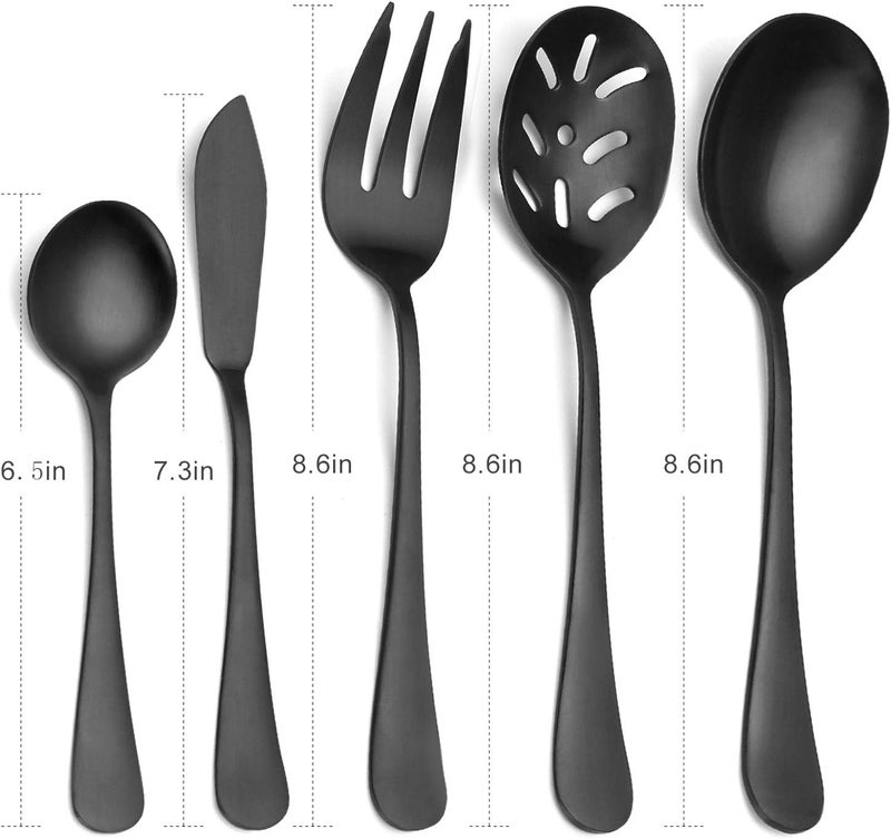 sharecook مجموعة التقديم الماتيه السوداء من ، 5 قطع 18/0 من الفولاذ المقاوم للصدأ مجموعة كبيرة للمضيفة بحواف مستديرة، تشطيب ساتان، آمنة للغسيل في غسالة الأطباق - ملاعق، شوك، سكين زبدة وملعقة مشقوقة - Image 2
