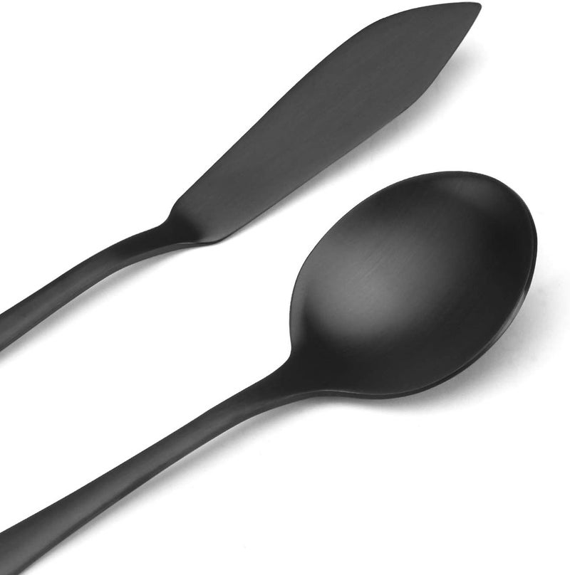 sharecook مجموعة التقديم الماتيه السوداء من ، 5 قطع 18/0 من الفولاذ المقاوم للصدأ مجموعة كبيرة للمضيفة بحواف مستديرة، تشطيب ساتان، آمنة للغسيل في غسالة الأطباق - ملاعق، شوك، سكين زبدة وملعقة مشقوقة - Image 3