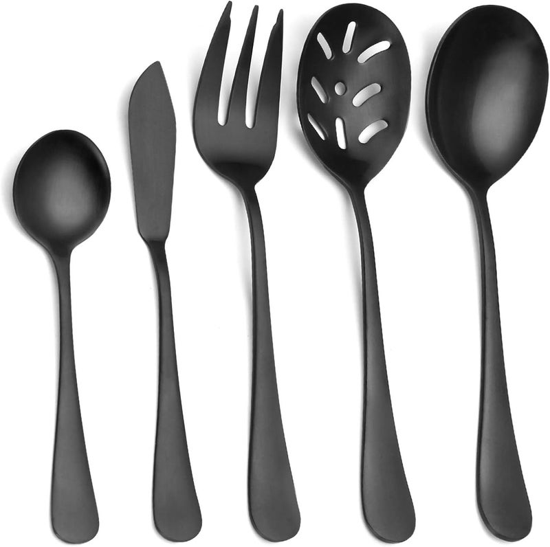 sharecook مجموعة التقديم الماتيه السوداء من ، 5 قطع 18/0 من الفولاذ المقاوم للصدأ مجموعة كبيرة للمضيفة بحواف مستديرة، تشطيب ساتان، آمنة للغسيل في غسالة الأطباق - ملاعق، شوك، سكين زبدة وملعقة مشقوقة - Image 1