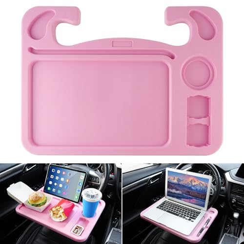 JUSTTOP 4 in 1 Car Steering Wheel Desk for LaptopVersatile Upgraded Car Seat TraySpacious Steering Wheel Table with Tablet Holder and Dual Sauce RacksSteering Wheel Under Table Console LargePink - Image 1