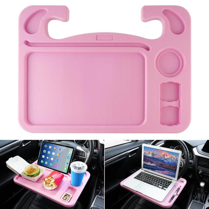 JUSTTOP 4 in 1 Car Steering Wheel Desk for LaptopVersatile Upgraded Car Seat TraySpacious Steering Wheel Table with Tablet Holder and Dual Sauce RacksSteering Wheel Under Table Console LargePink - Image 2