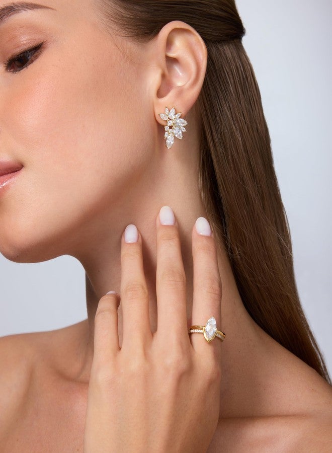 بافوا أقراط مرصعة بالزركونيا المكعبة مطلية بالذهب الأصفر عيار 14 قيراطًا من بافوي للنساء - أقراط زفاف مرصعة بكريستال ماركيز من الفضة الإسترليني عيار 925 للعرائس ووصيفاتهن - مجوهرات زفاف عصرية مرصعة بالزركونيا المكعبة - Image 4