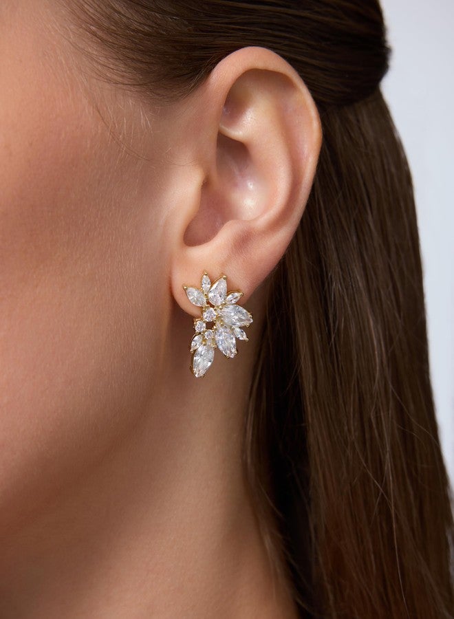 بافوا أقراط مرصعة بالزركونيا المكعبة مطلية بالذهب الأصفر عيار 14 قيراطًا من بافوي للنساء - أقراط زفاف مرصعة بكريستال ماركيز من الفضة الإسترليني عيار 925 للعرائس ووصيفاتهن - مجوهرات زفاف عصرية مرصعة بالزركونيا المكعبة - Image 2