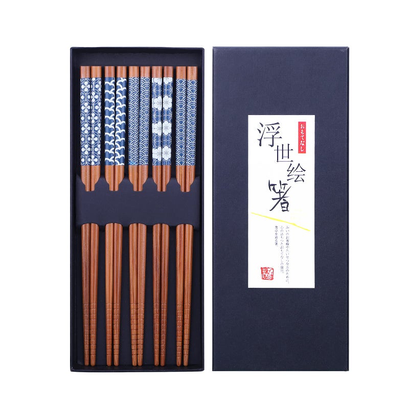 Hautoco مجموعة عيدان تناول الطعام من هاوتوكو 5 أزواج من الخيزران الطبيعي قابلة لإعادة الاستخدام مع صندوق هدايا بأسلوب ياباني صيني بسيط آمنة في غسالة الصحون 225 سم