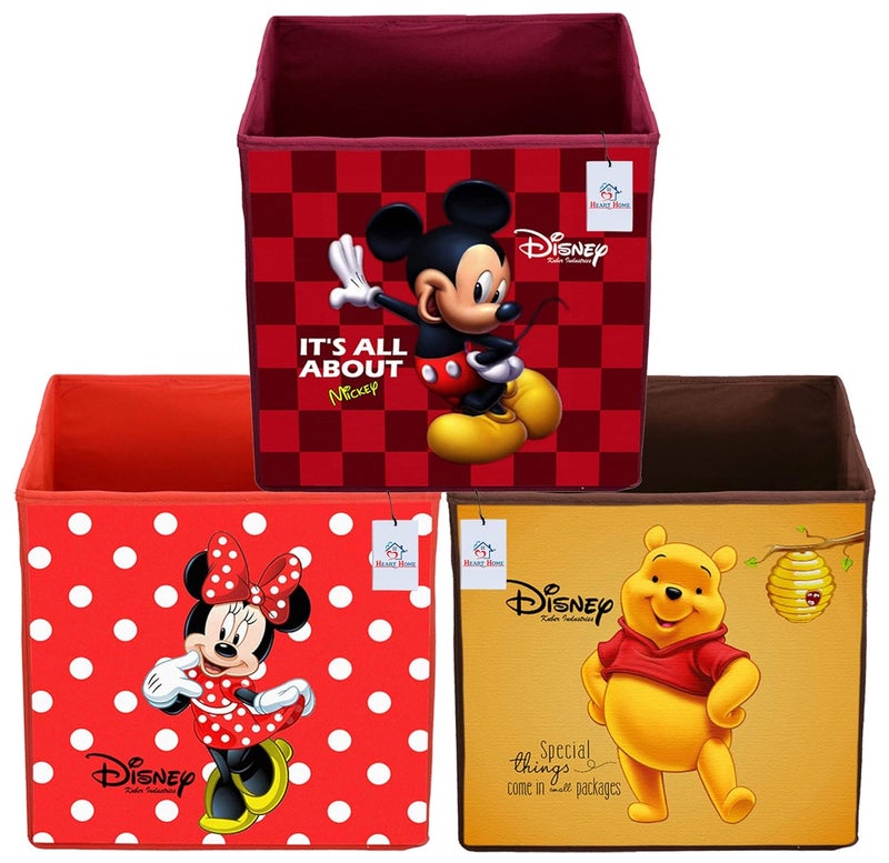 Kuber Industries Heart Home Disney Print Non Woven Fabric 3 Pieces Foldable Large Size Storage Cube Toy, Books, Shoes Storage Box with Handle (Red, Maroon & Brown)-HEART10815 - Image 1