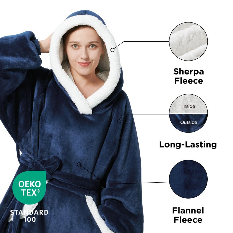 Bedsure Bedsure Wearable Blanket Hoodie Women - Long Sherpa Fleece Hooded Blanket for Adult Women Men  Warm Cozy Blanket Sweatshirt with Giant Pocket and Belt  Winter Gifts for Girlfriend Mom  Standard  Navy  - Image 2