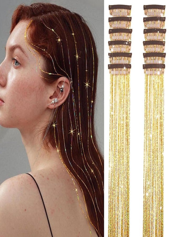 Deepcolorpy Gold Hair Tinsel Clip in Pack of 8 Pcs 20 Inch Golden Glitter Extensions, Shiny Sparkling Festival Fairy Party Dazzle Hair Accessories Strands Kit for Girls Women Kids - Image 1