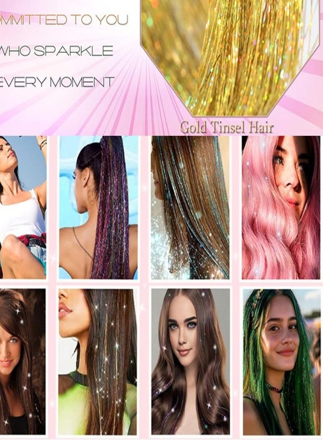 Deepcolorpy Gold Hair Tinsel Clip in Pack of 8 Pcs 20 Inch Golden Glitter Extensions, Shiny Sparkling Festival Fairy Party Dazzle Hair Accessories Strands Kit for Girls Women Kids - Image 4