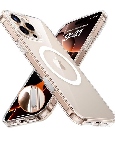حافظة مغناطيسية لهاتف iPhone 16 Pro Max مع زر التقاط للتحكم في الكاميرا الحساسة، [غير صفراء] [حماية من الدرجة الأولى] [متوافقة مع MagSafe]، حافظة مقاومة للصدمات لهاتف 16 Pro Max 6.9 بوصة، شفافة