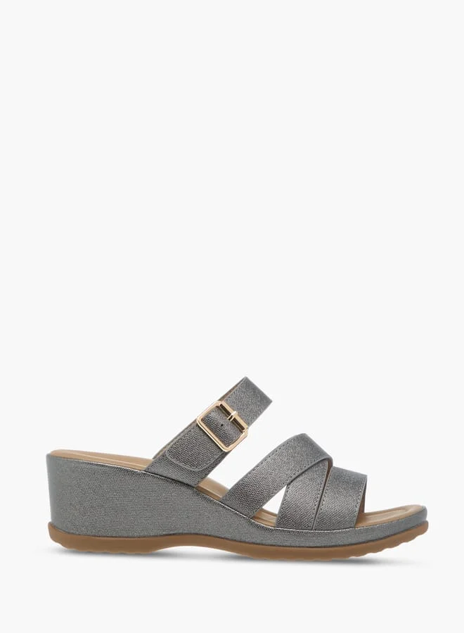Womens Textured Slip-On Wedge Heel Sandals With Buckle Detail