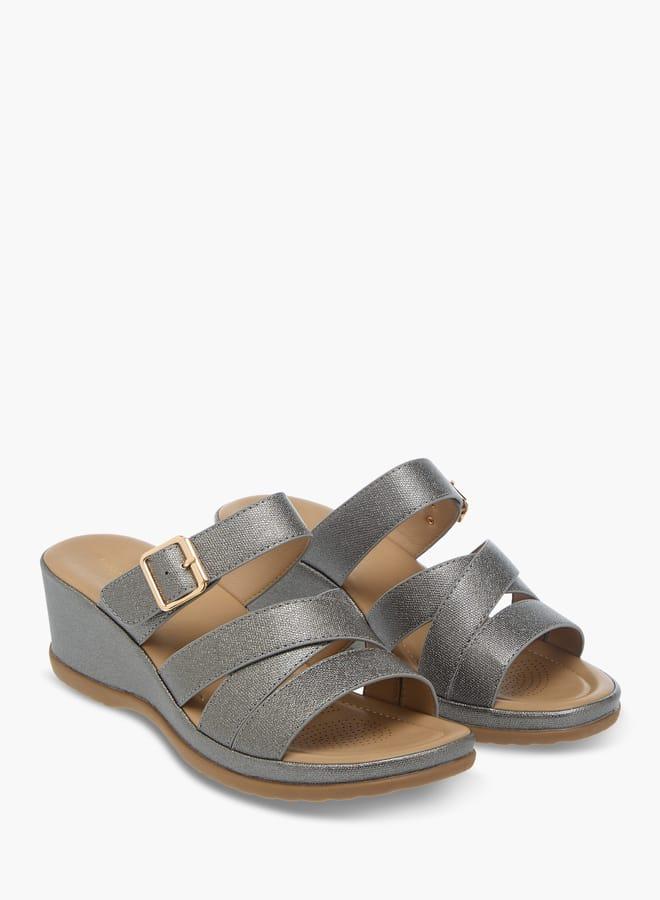 Flora Bella By Shoexpress Womens Textured Slip-On Wedge Heel Sandals With Buckle Detail - Image 2