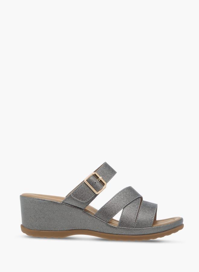 Flora Bella By Shoexpress Womens Textured Slip-On Wedge Heel Sandals With Buckle Detail - Image 3