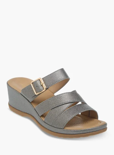 Flora Bella By Shoexpress Womens Textured Slip-On Wedge Heel Sandals With Buckle Detail