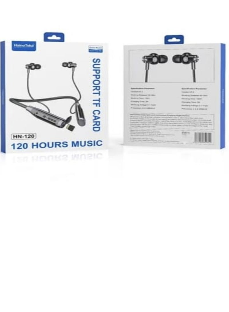 Haino Teko HN120 Bluetooth Neck Band Headphone 120 Hours Music With High Bass Sound Quality Super Clear Mic And TF Card Support Black - Image 2