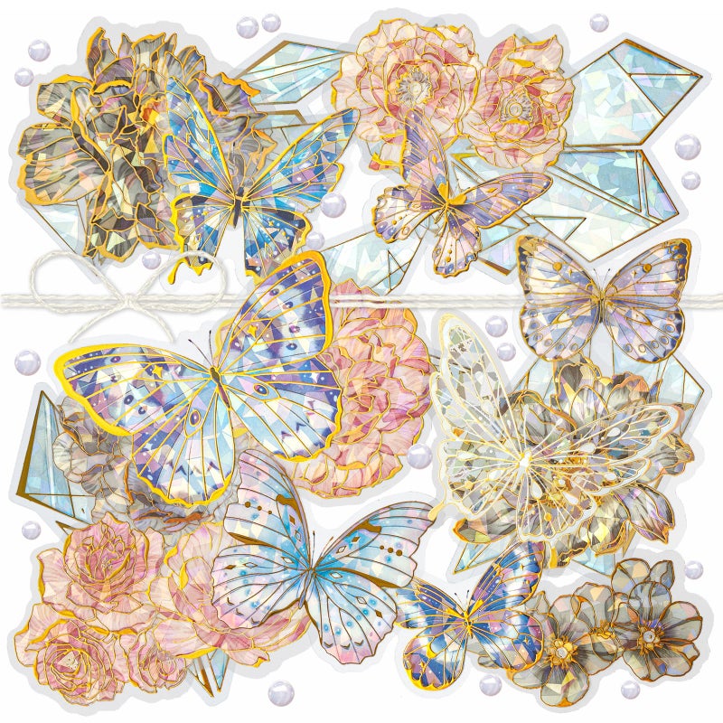 Mayplous Laser Cut Planner Stickers 3 Pack Holographic Butterfly Floral Decals for Scrapbooks Journals Card Making Golden Shiny Embellishments for Arts Crafts Fantasy