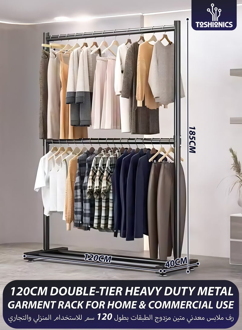 Toshionics Double Rod Clothing Rack Heavy Duty Dual Layer Clothes Drying Stand Garment Organizer Open Armoire with 2 Tier Hanger Rails and Bottom Storage Shelf, Strong 25mm Steel Pipes, 60kg Load Large Capacity Featuring Two Horizontal Bars for Hanging Clothes, Laundry Room, Balcony, Bedroom Sheets, Quilts, Blanket, Coats, Skirts, Shirts, Hats, Sweaters Holder 120cm - Image 1