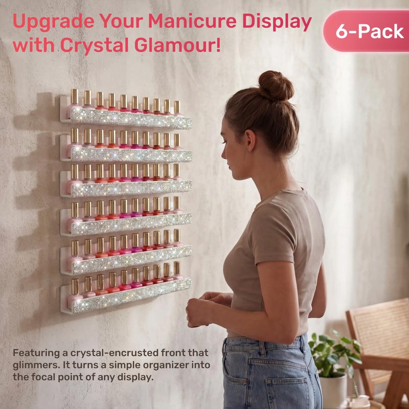 YMVV Nail Polish Wall Shelf - 15-Inch Diamond Crystal Display & Organizer Rack, Holds 60+ Polishes, Soft Ledge for Bedroom, Bathroom, Salon,6 Pack - Image 5