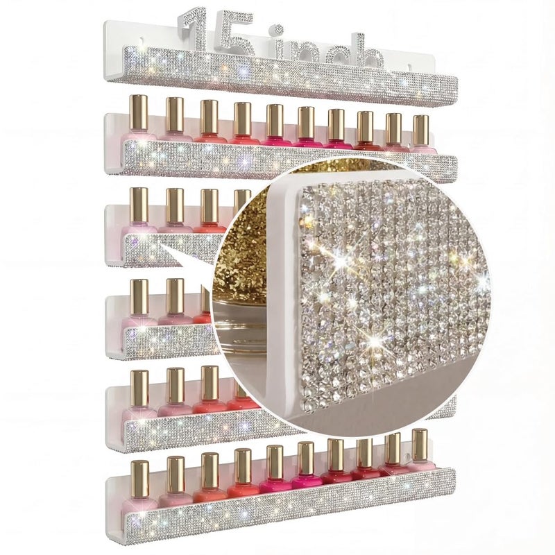 YMVV Nail Polish Wall Shelf - 15-Inch Diamond Crystal Display & Organizer Rack, Holds 60+ Polishes, Soft Ledge for Bedroom, Bathroom, Salon,6 Pack - Image 1