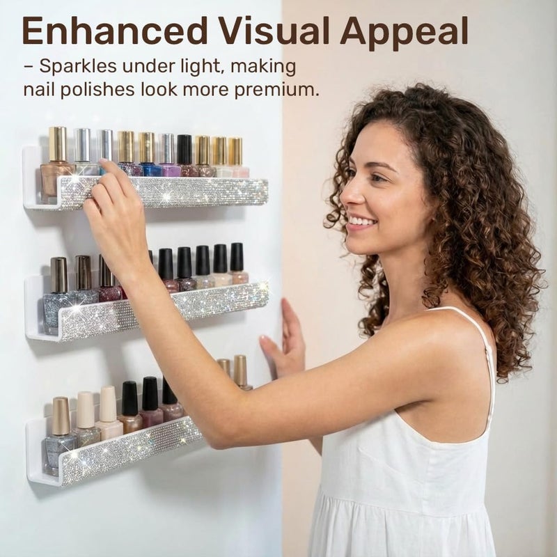 YMVV Nail Polish Wall Shelf - 15-Inch Diamond Crystal Display & Organizer Rack, Holds 60+ Polishes, Soft Ledge for Bedroom, Bathroom, Salon,6 Pack - Image 2