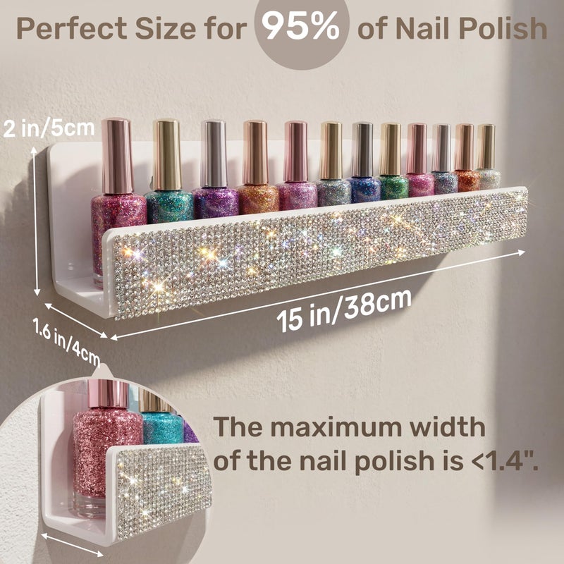 YMVV Nail Polish Wall Shelf - 15-Inch Diamond Crystal Display & Organizer Rack, Holds 60+ Polishes, Soft Ledge for Bedroom, Bathroom, Salon,6 Pack - Image 3