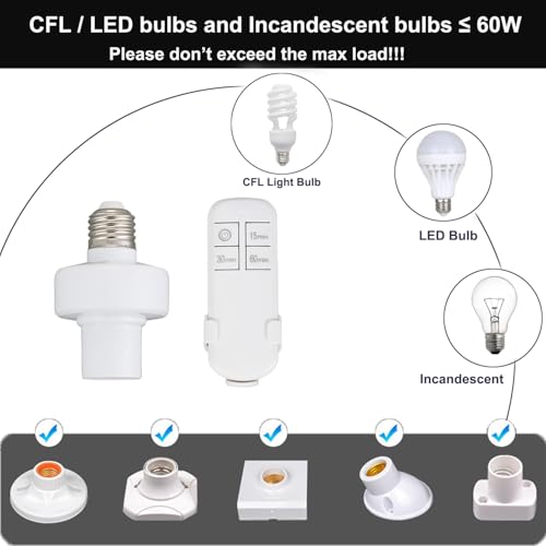 Taigeguang Remote Control Light Socket,Wireless Light Switch Kit with Timer,E26 E27 Bulb Lamp Holder with Remote Control,No Wiring Wall Mounted Controller Switch for Attic,Garage,Stairwell(2 Pack) - Image 5