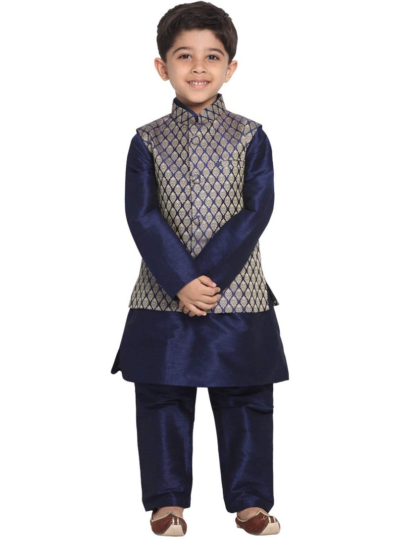 JBN Creation Boys Silk Blend Navy Blue and Gold Kurta Pyjama Jacket Set - Ethnic for Festivals_VASnBJ005BUnBKNB001nPNB_26 - Image 1