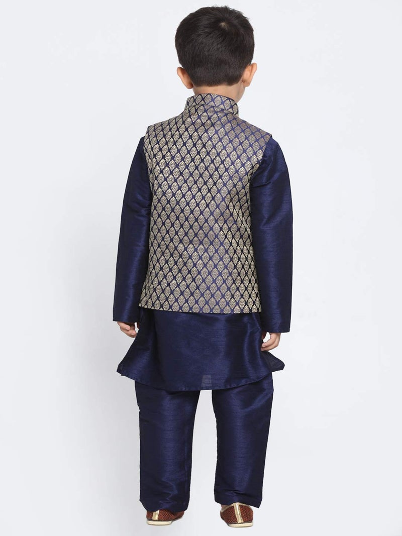 JBN Creation Boys Silk Blend Navy Blue and Gold Kurta Pyjama Jacket Set - Ethnic for Festivals_VASnBJ005BUnBKNB001nPNB_26 - Image 5