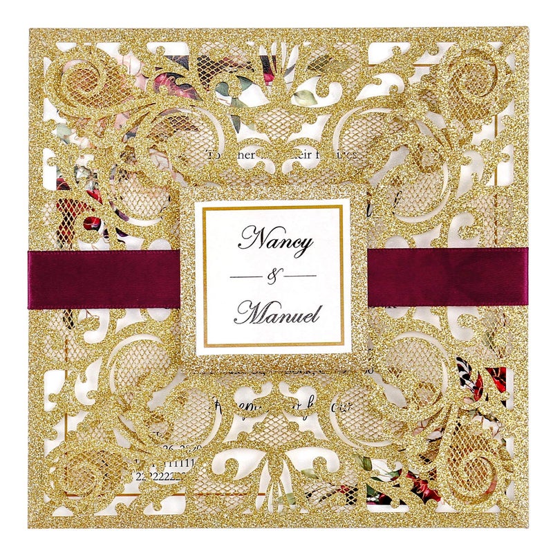 DreamBuilt 63 X 63 Inch 50PCS Blank Dark Gold Glitter Laser Cut Wedding Invitations With Envelopes Hollow Rose Pocket With Burgundy Ribbon Belly Band Wedding Invitation Cards For Wedding Invite