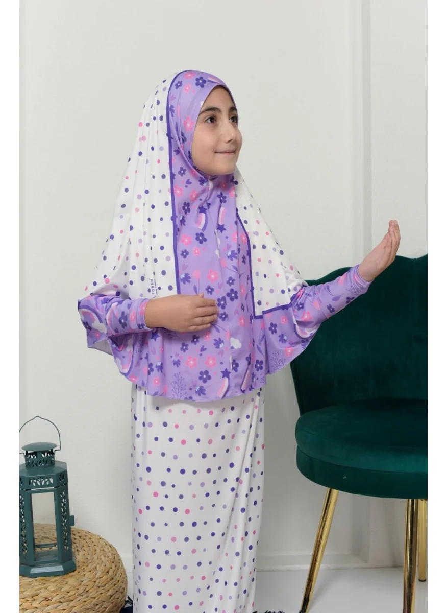 Altobeh Children's Prayer Set Practical Two-Piece Patterned Sleeves Removable Headscarved Lycra Hijab Dress (6-12 Years) 901-0401