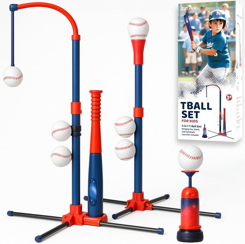 TOMLEON 3-in-1 Baseball Set for Kids and Toddlers Ages 3-5 – Includes Tee Ball Stand, Hanging Tee, Automatic Ball Launcher, and 6 Softballs – Adjustable Height for Indoor/Outdoor Play – Sports Gift for Boys - Image 1