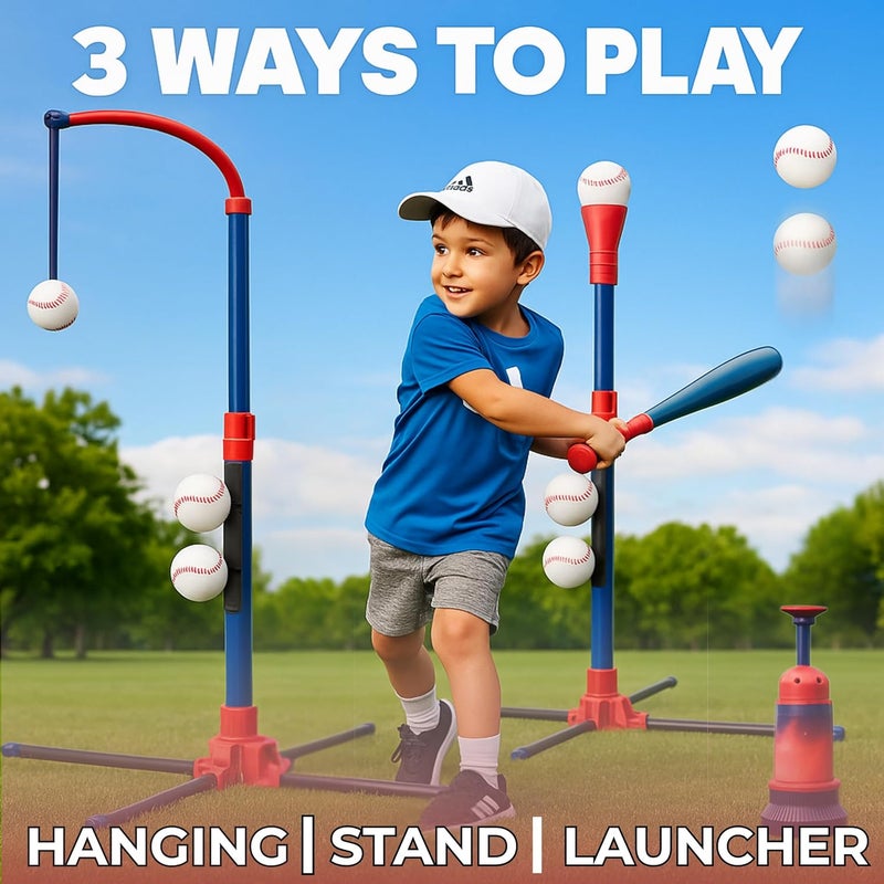 TOMLEON 3-in-1 Baseball Set for Kids and Toddlers Ages 3-5 – Includes Tee Ball Stand, Hanging Tee, Automatic Ball Launcher, and 6 Softballs – Adjustable Height for Indoor/Outdoor Play – Sports Gift for Boys - Image 2