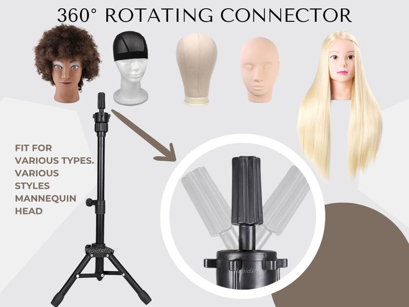 Rapidsflow Wig Tripod Stand – Sleek Black, Adjustable 38–64 cm, 360° Rotating Head, Stainless Steel Dummy Holder, Octagon Knobs, Portable Wig Stand for Salon, Home, Academy & Photography - Image 4