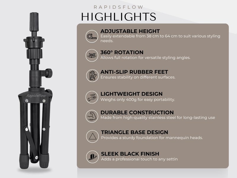 Rapidsflow Wig Tripod Stand – Sleek Black, Adjustable 38–64 cm, 360° Rotating Head, Stainless Steel Dummy Holder, Octagon Knobs, Portable Wig Stand for Salon, Home, Academy & Photography - Image 3