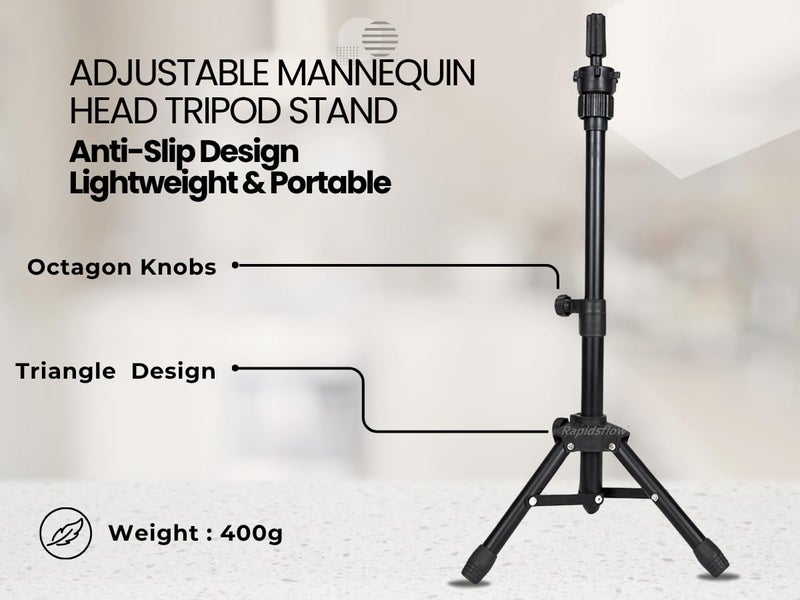 Rapidsflow Wig Tripod Stand – Sleek Black, Adjustable 38–64 cm, 360° Rotating Head, Stainless Steel Dummy Holder, Octagon Knobs, Portable Wig Stand for Salon, Home, Academy & Photography - Image 2