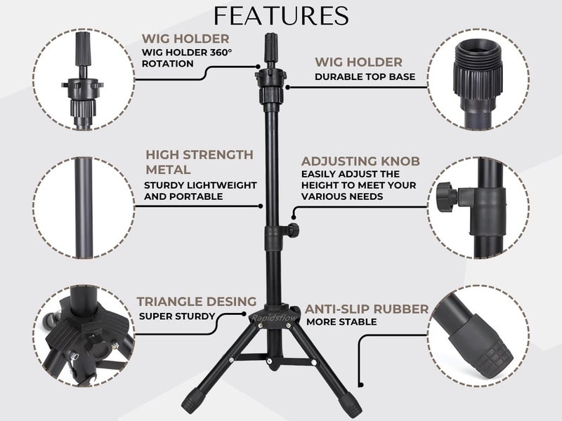 Rapidsflow Wig Tripod Stand – Sleek Black, Adjustable 38–64 cm, 360° Rotating Head, Stainless Steel Dummy Holder, Octagon Knobs, Portable Wig Stand for Salon, Home, Academy & Photography - Image 5