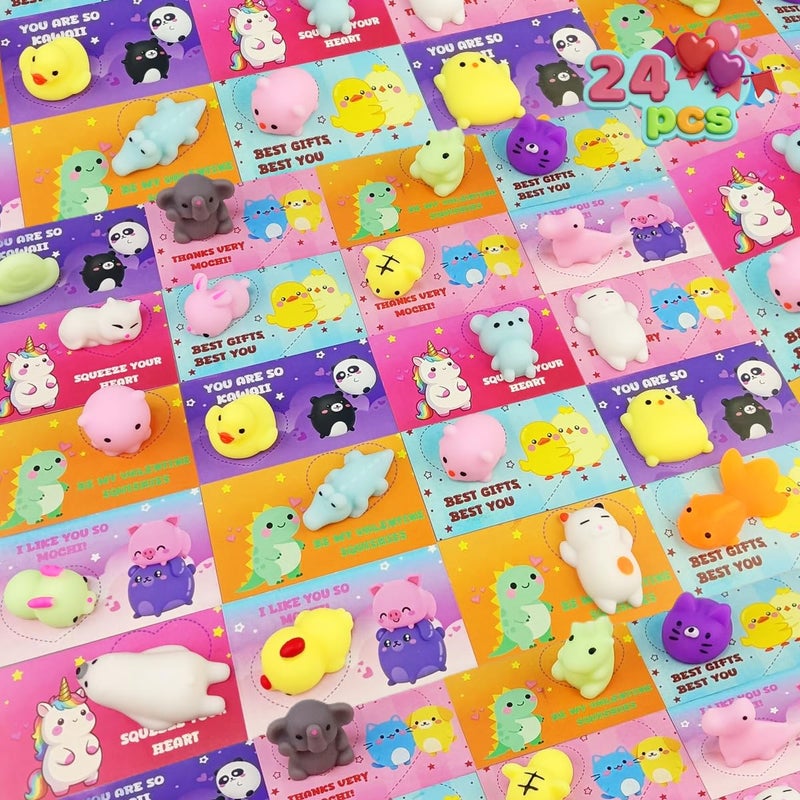 Jofan 24 PCS Mochi Squishy Toys with Valentines Cards for Kids Valentines Day School Class Classroom Gifts Prizes Party Favors - Image 3
