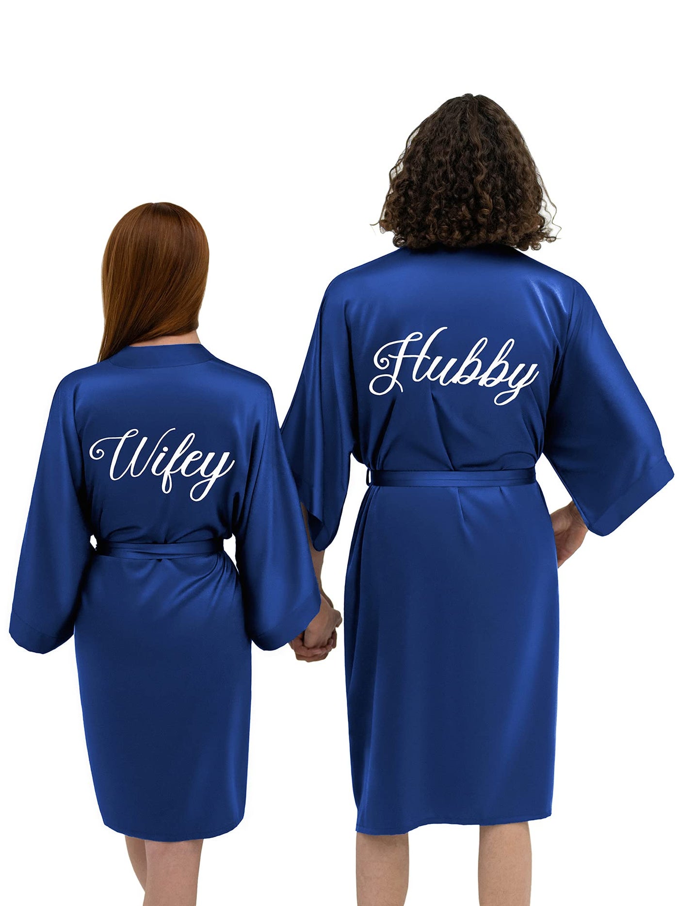 AW BRIDAL Wifey and Hubby Satin Robe Short Matching Robes for Couples Wedding Robes, Engagement Gifts His and Her Robes Gifts for Couples, Navy Wifey/Hubby