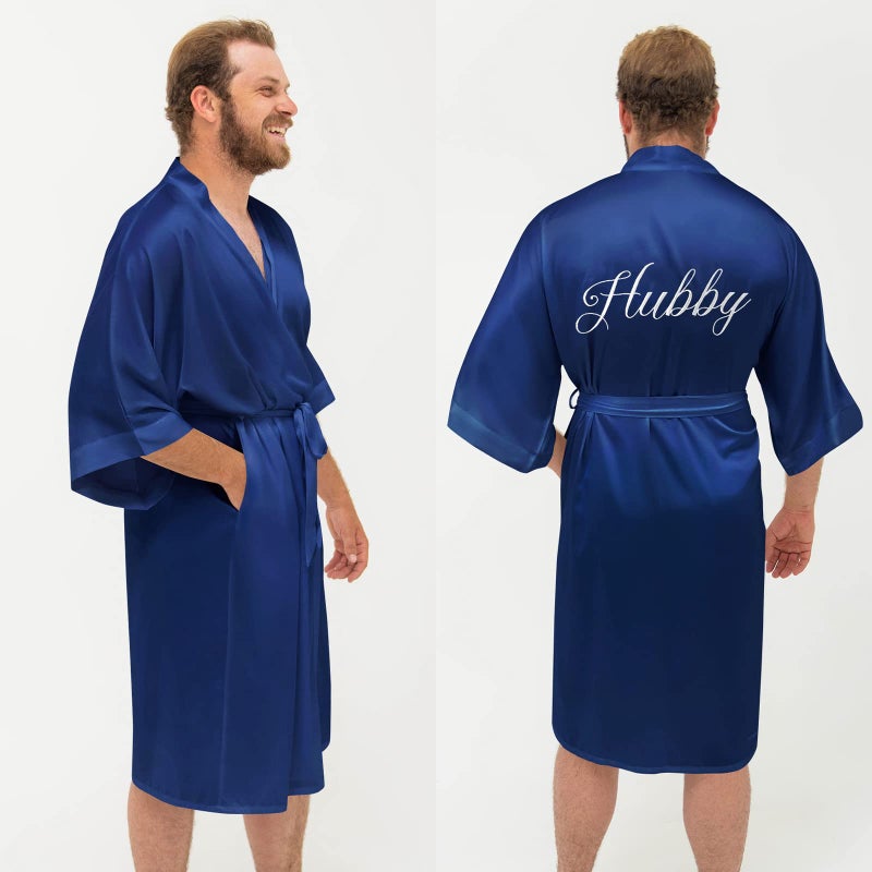 AW BRIDAL AW BRIDAL Wifey and Hubby Satin Robe Short Matching Robes for Couples Wedding Robes, Engagement Gifts His and Her Robes Gifts for Couples, Navy Wifey/Hubby  - Image 4
