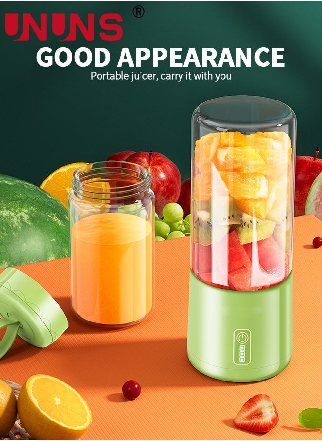 UNUNS - Portable Electric Juicer Blender,Wireless Powerful Fruit Vegetable Juicer Blender With 2 Juice Cup,400ML Transparent Juice Cup,For Smoothies And Shakes,Green - Image 1