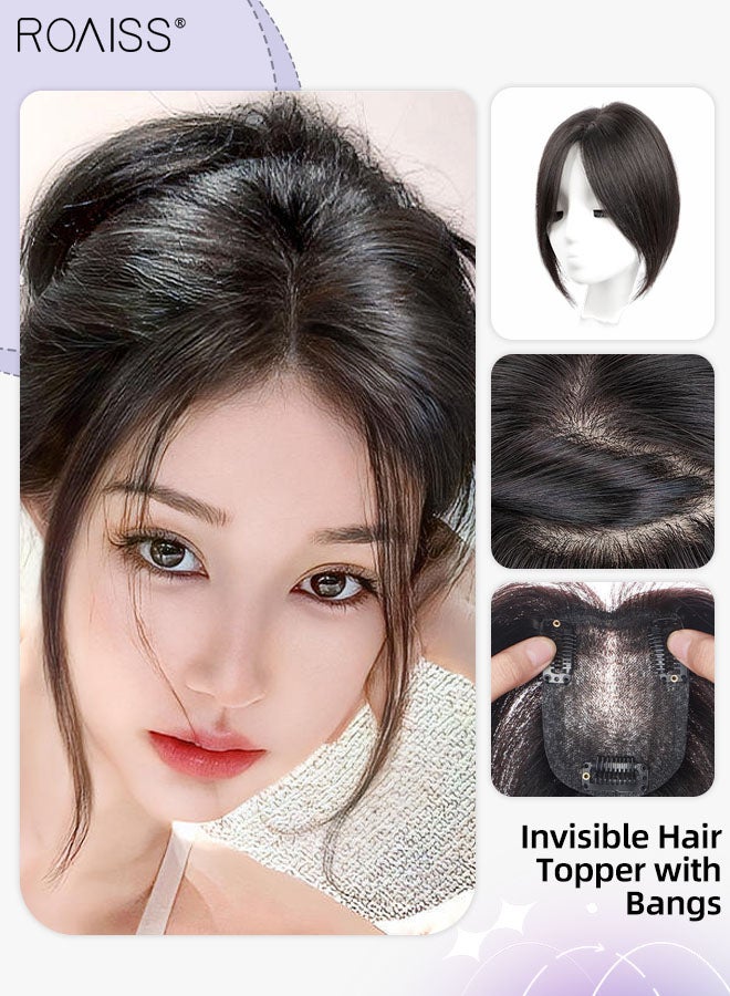 roaiss Invisible Hair Topper with Bangs for Women, Air Bangs with Clips on in French Style, Silk Inner Net Hair Pieces for Women with Thinning Hair Hair Loss Cover Gray Hair, Natural Black, 7x9cm - Image 1