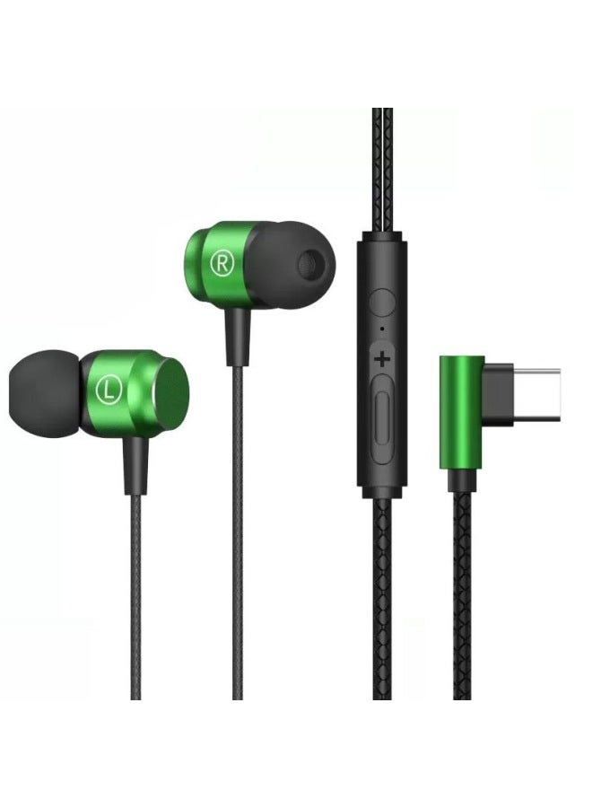Magnetic Suction Metal Game Headset In-ear Wired L-shaped Elbow E-sports Chicken Typec Wire-controlled Mobile Phone Headset-Color:Metallic Green Typec Flat Mouth (analog)  - Image 1