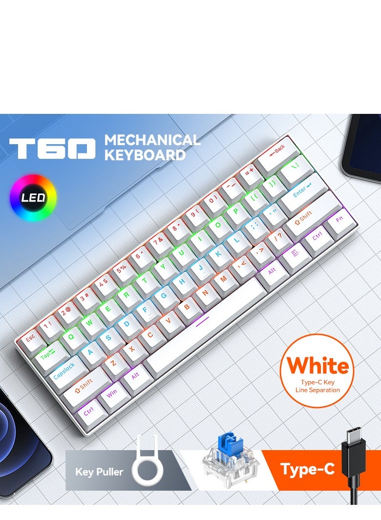 T60 Wired Gaming Keyboard, 61 Keys Blue Switch Mechanical Keyboard with Rgb Backlit white - Image 2