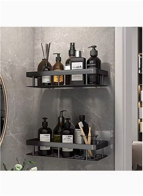 Shower Caddy Shelf, Adhesive Black Bathroom Shower Rack, No Drilling Wall Mounted Shower Organizer, Rustproof Bath Storage Basket for Bathroom, Toilet, Kitchen (2 Pack)